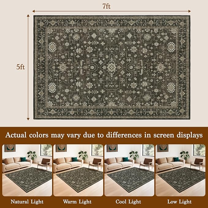 LBRO2M Farmhouse Washable Rugs 5X7 for Living Room Bedroom Vintage Non Slip Rugs Easy Clean, Low Piles Stain Resistant Carpet Distressed Area Rug Great for Pets and Family (5'X7' Dark Brown)