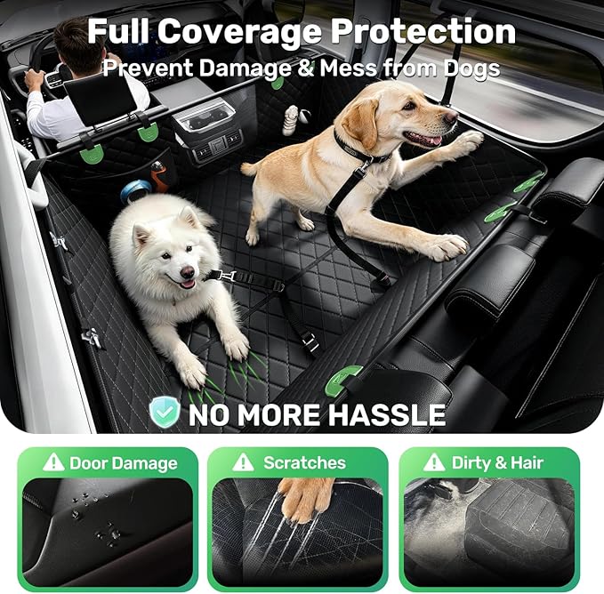 Zanch Heavy-Duty Dog Car Seat Cover, Flat Solid Back Seat Extender for Multi Large Dogs, Hard-Base Supports 450 lb, Waterproof Scratchproof Hammock Protector, Standard for Cars, SUV, Trucks, Green