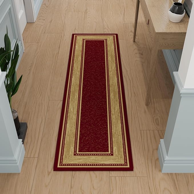 Ottomanson Hallway Runner Rug 1'10" x 6' Non Slip Border Area Rugs Easy to Clean Laundry Rug Runner Durable & Pet Friendly Floor Carpet Runners for Hallways Entryway Living Room Kitchen Bathroom, Red