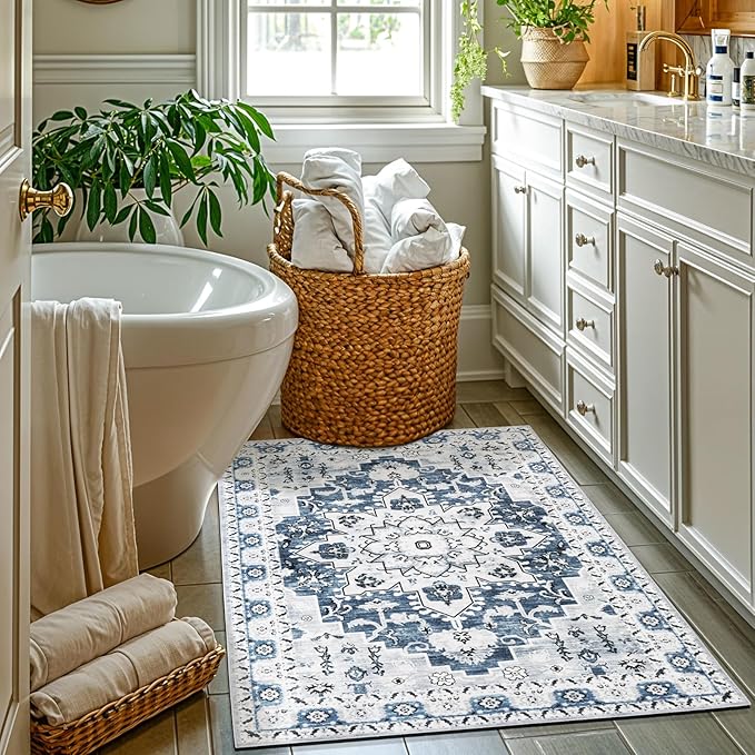 LBRO2M Rug for Entryway Indoor 2X3 Washable Rug Boho Design Door Carpet Throw Rugs for Kitchen Bathroom Non Slip Pet Friendly Area Rugs (2X3, Light Blue)