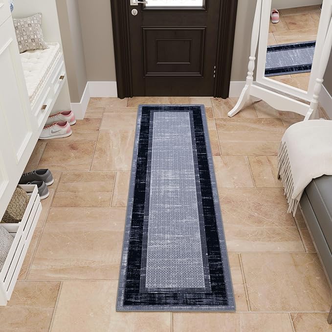 Ottomanson Hallway Runner Rug 1'10" x 7' Non Slip Border Area Rugs Easy to Clean Laundry Rug Runner Durable & Pet Friendly Floor Carpet Runners for Hallways Entryway Living Room Kitchen, Gray/Navy