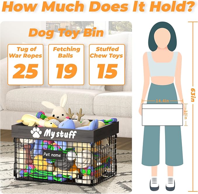 Dog Toy Bin Toy Basket Metal Storage Box with Handles Dog Organizer Chew-Proof Dog Toy Box Blankets Leashes Chest Puppy Dog Toy Storage Wood Metal Container Home Decor Pet Toys Dog Cat