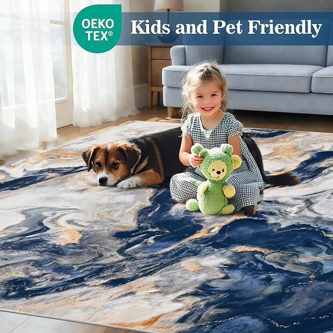 Yinhua 8x10 Rug for Living Room, Marble Rug Blue and Gold, Non Slip Modern Washable Rugs Non Shedding, Contemporary Abstract Area Rugs Low Pile, Soft Large Carpet for Bedroom Kitchen Office