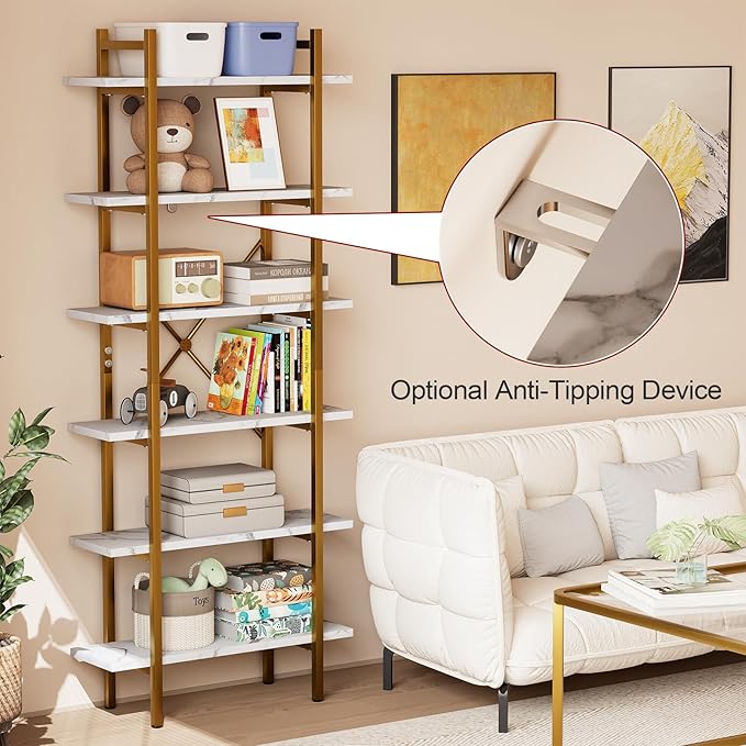 6 Tiers Bookshelf Organizer White Faux Marble Shelf,Modern Open Display Storage Bookcase, and Metal Bookshelf Standing Storage Shelf Tall Shelving Units for Home Office Study