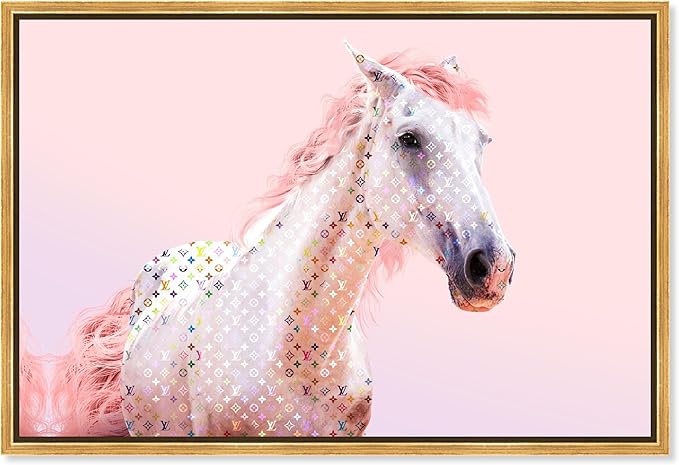 Country Farmhouse Canvas Print Painting Animal Wall Art 'Pink Glam Horse' Gold Framed Canvas Rustic Home Décor 24x16 in Pink, White by Oliver Gal
