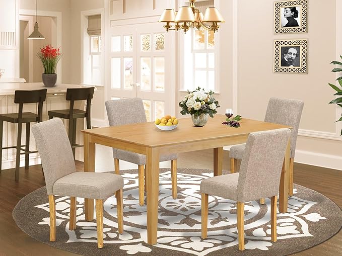 East West Furniture CAAB5-OAK-04 5 Piece Dining Table Set for 4 Includes a Rectangle Kitchen Table and 4 Light Tan Linen Fabric Parson Dining Chairs, 36x60 Inch, Oak