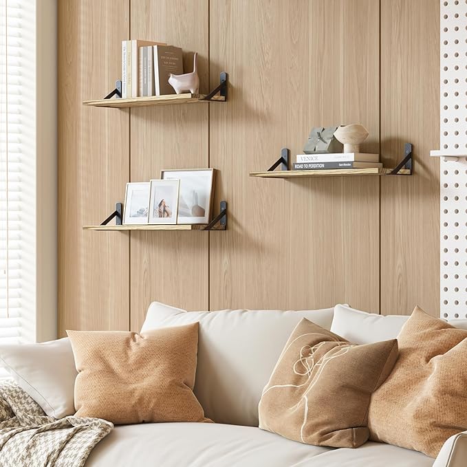 YGEOMER 16.5 Inch Floating Shelves for Wall, Farmhouse Wall Shelves for Bedroom, Bathroom Storage, Living Room and Kitchen Decor (Set of 6 Light Brown Color)