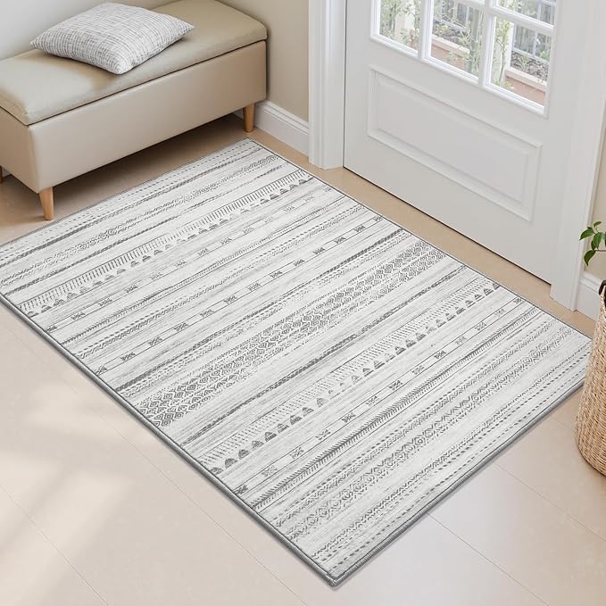 Small Area Rug-2x3 Entryway Rug Non Slip Washable Low Pile Indoor Door Mat Neutral Distressed Boho Moroccan Entrance Rugs Carpet for Bedroom Kitchen Powder Room Front Porch Bathroom, Grey