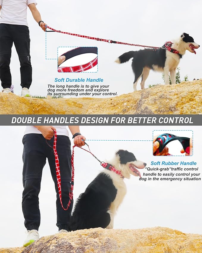 Hotsky Tactical Dog Leash Heavy Duty for Medium Large Dogs That Pull,4-6Ft Strong Bungee Shock Absorbing No Pull Dog Leash with Padded Double Handle and Car Seatbelt,Red Plaid