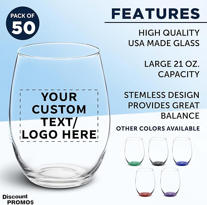 DISCOUNT PROMOS 50 ARC Stemless Wine Glasses Set, 21 oz. - Customizable Text, Logo - Chardonnay, Cabernet, Merlot, Sauvignon - Clear