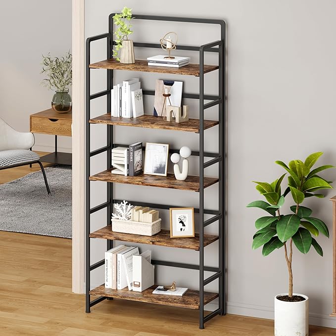 No Assembly Folding Bookshelf, 5 Tiers Collapsible Book Shelf for Home Office, Vintage Wood Foldable Bookcase Storage Organizer for Living Room Bedroom (Rustic Brown)