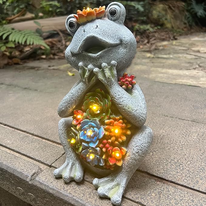 Solar Garden Frog Statues with Outdoor Light for Outdoor Decor Succulent and 8 LED Lights Solar Frog Art Decor for Lawn Yard Decor Gifts for Women Mother's Day Birthday