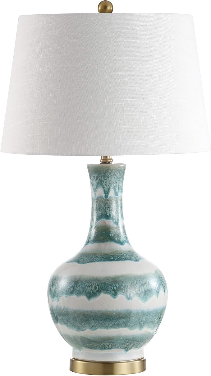 JONATHAN Y 30.5" Green/White Striped Ceramic Table Lamp for Bedroom Living Room, Modern Coastal Bedside Lamp with Gold Base and White Linen Shade, LED Bulb Included JYL3054A