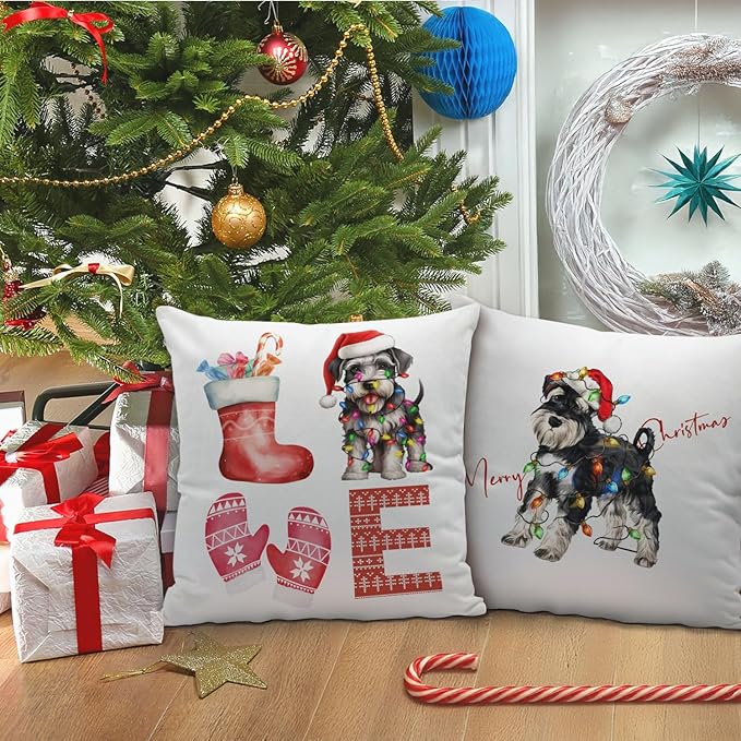 Schnauzer Christmas Pillow Covers 18x18, Schnauzer Decor, Schnauzer Gifts, Merry Christmas Xmas Pillow Covers, Christmas Room Decorations, Christmas Living Room Bedroom Decor, Set of 2