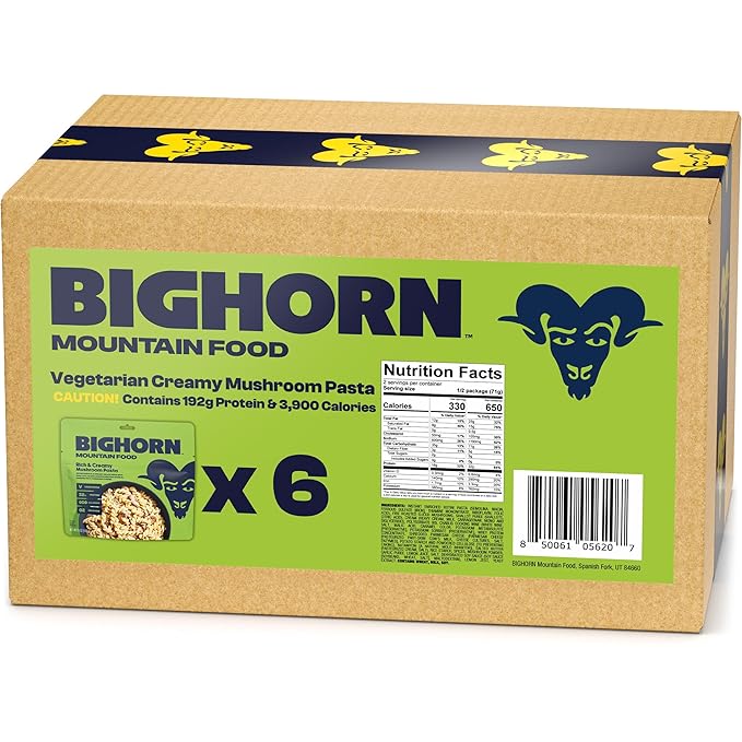 BIGHORN Mountain Food Vegetarian Creamy Mushroom Pasta - contains 6 packs | 12 servings | 192g Protein | 3,900 Calories - premium freeze dried meals for backpacking food - vegetarian backpacking meal - ideal camping meals just add water - great taste