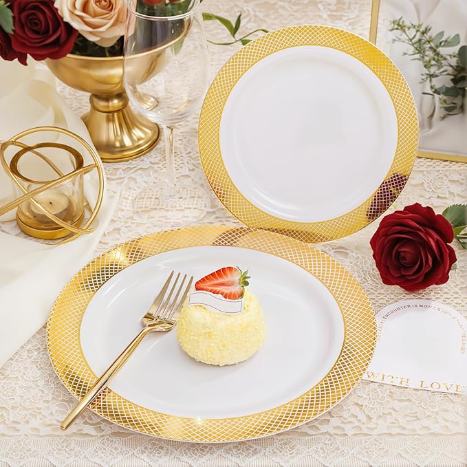 I00000 102 Pcs Gold Plastic Plates, Disposable Party Plates Include 51 Gold Dinner Plate 10.25’’ and 51 Disposable Dessert Plate 7.5’’ Perfect for Party & Wedding