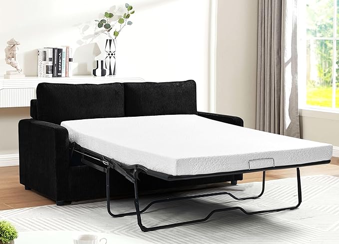 Reversible Sleeper Sofa Bed with Comfortable Memory Foam Mattress, Convertible Corduroy Full Size Pull Out Couch for Living Room, Space Saving Furniture, 70" Wide, Rectangular Arms, Black