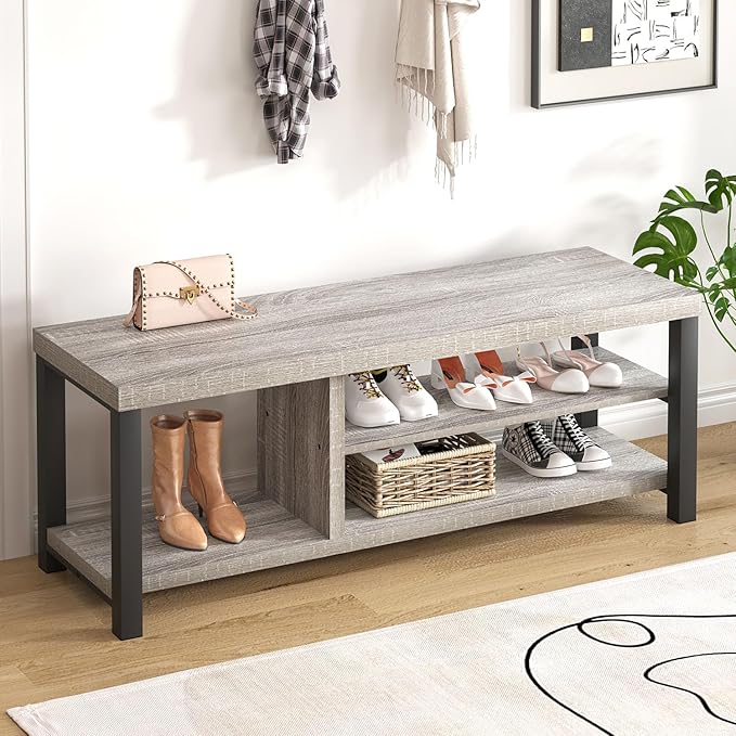 FOLUBAN Shoe Storage Bench, Rustic Wood Entryway Bench for Hallway Entrance, Vintage Indoor Bench with Shoe Storage and Seating for Bedroom Living Room, Light Grey, 47 Inch