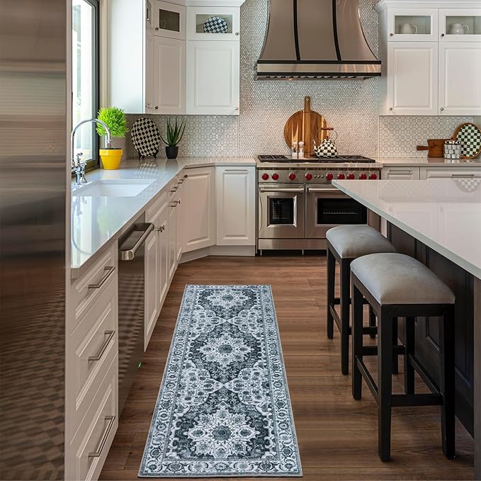 WILLSUN Washable Area Rugs, 2x6 Non-Slip Boho Area Rugs for Kitchen, Living Room, Bedroom, Machine Washable Vintage Rug, Indoor Floral Print Carpet for Home Decor, Kid & Pet Friendly Mat