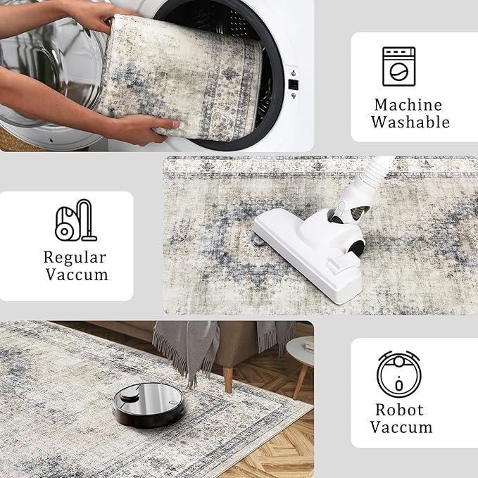 GarveeHome 4x6 Area Rug - Machine Washable, Soft, Non-Slip, Vintage, Indoor, Sage Green