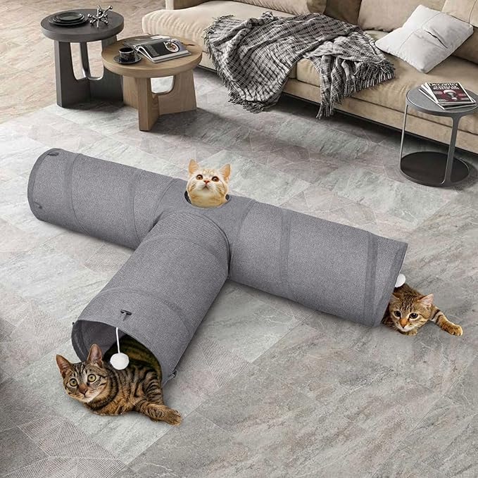 Ownpets Cat Tunnel, Extra Large 3 Way Collapsible Kitty Tunnel Cat Tube with Plush Ball & Feather Toy, Cat Play Tunnel for Large Cat, Kitten, Puppy, Rabbit(12 inches in Diameter)