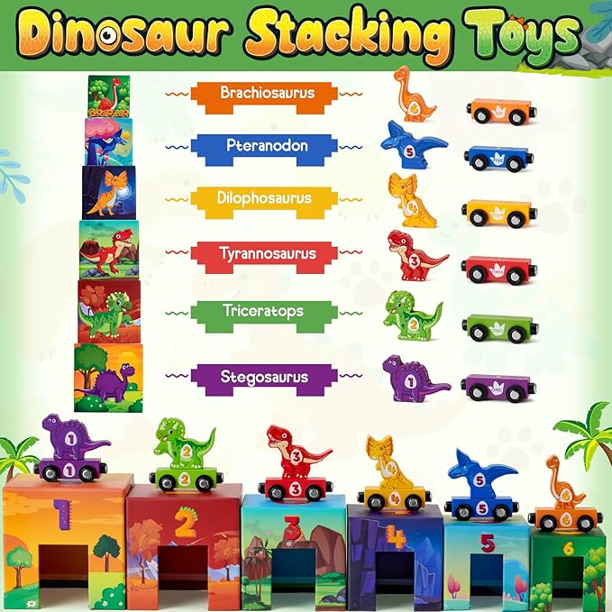 Atoylink Toddler Dinosaur Sorting and Stacking Toys with Magnetic Wooden Dinosaur Train Set, Baby Number Blocks Nesting Boxes Preschool Learning Montessori Toys for 1 2 3 Year Old Boys Girls Gift