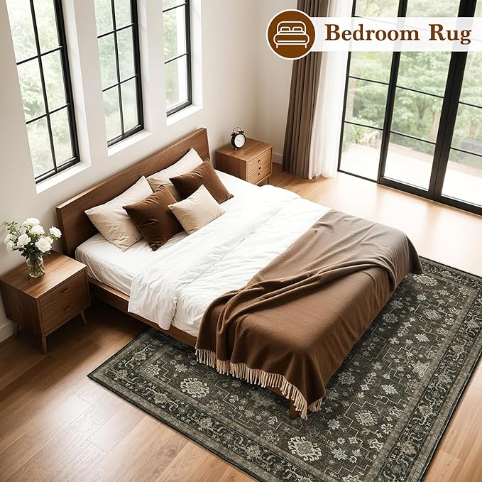 LBRO2M Farmhouse Washable Rugs 5X7 for Living Room Bedroom Vintage Non Slip Rugs Easy Clean, Low Piles Stain Resistant Carpet Distressed Area Rug Great for Pets and Family (5'X7' Dark Brown)
