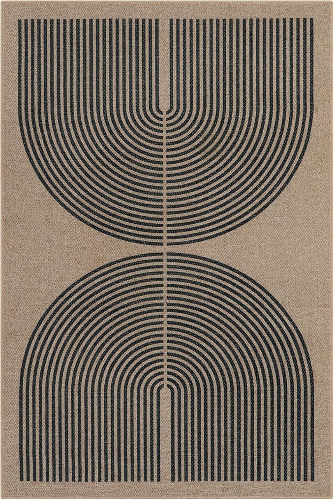 Lahome Modern Rainbow Easy Jute Office Rug, Outdoor Patio Rug 4x6 for Living Room Washable Carpet for Bedroom, Farmhouse Contemporary Non Slip Non Shedding Black Carpet for Backyard