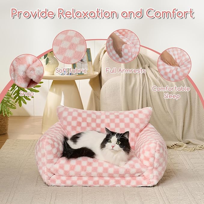 Hollypet Cat Bed Fluffy Plush Mutifuctional Double-Layer Soft Pet Couch Orthopedic Sofa Nest Beds for Small Cats and Dogs, Pink and White (25x20x13 inch)