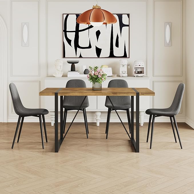Kitchen Table Chairs Set of 4, Modern 55'' Dark Wood Dining Table and Fabric Dining Chairs Set of 4,Dining Table Set for 4,Ideal for Kitchen Dining Room