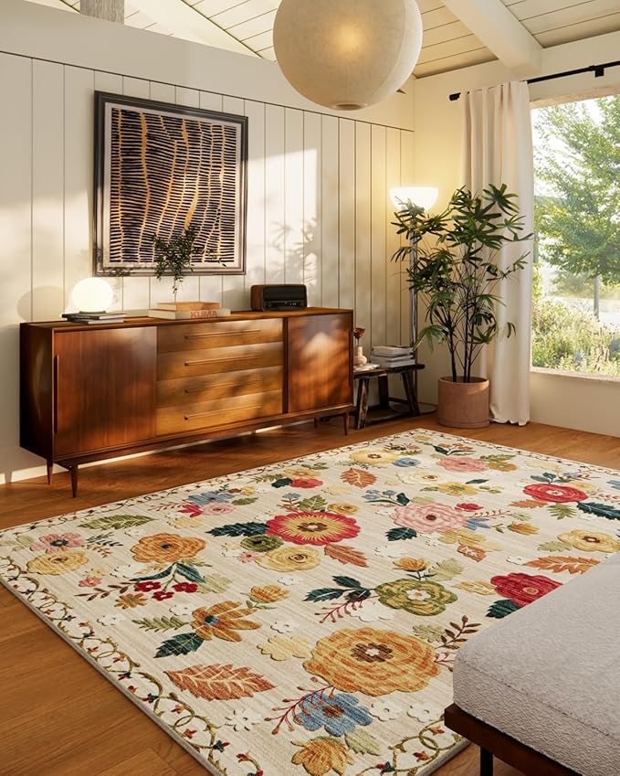 8x10 Area Rugs for Living Room: Washable Rug Stain Resistant Distressed Vintage Floral Rug Non Slip Low Pile Faux Wool Soft Large Area Rugs for Bedroom Bedside Farmhouse Dining Room Kids Nursery