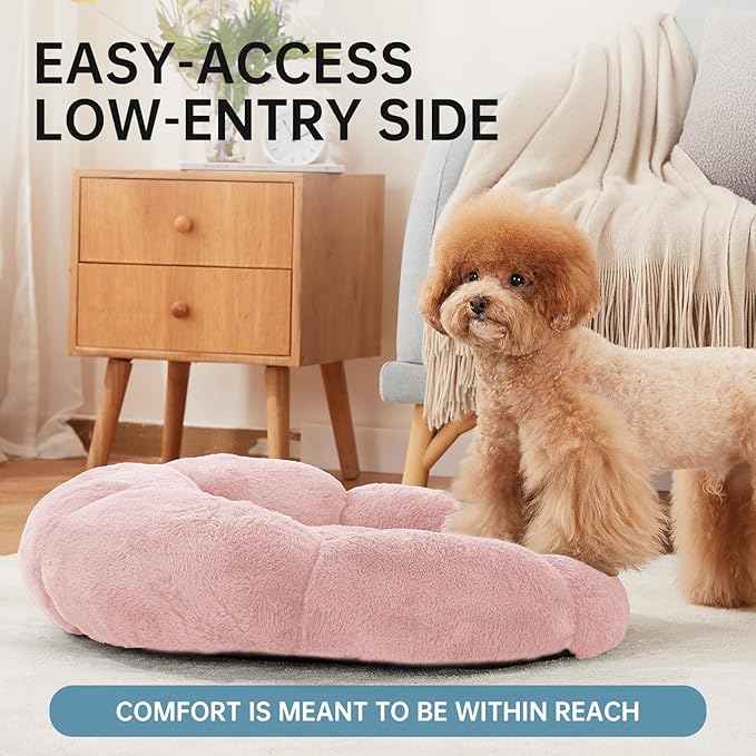 OhGeni 24 inches Calming Donut Dog & Cat Bed for Small Pets, Warming Comfort Fluffy Short Pile Fur, Durable Machine Washable Round Bed, Cute Round Bed for Puppy and Kitten, Pink