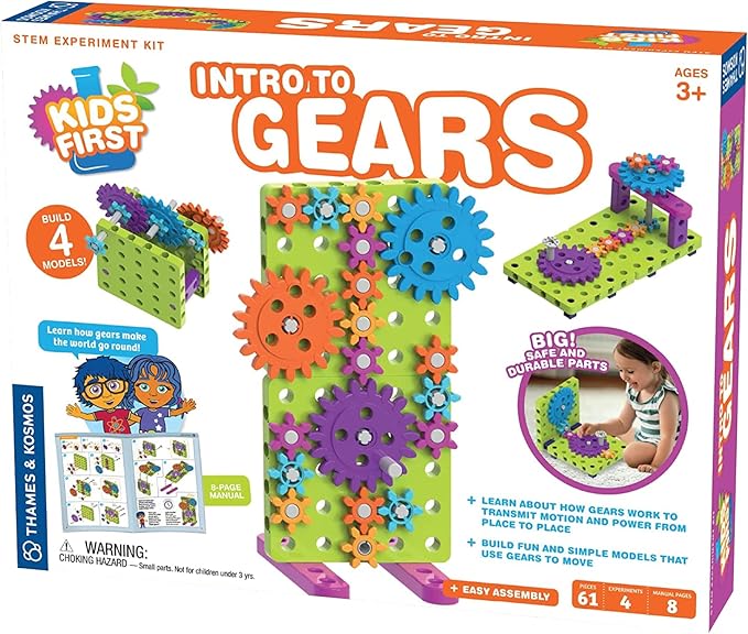 Thames & Kosmos Kids First: Intro to Gears STEM Experiment Kit for Ages 3+ | Build 4 Models, Learn About Gears, Power & Motion | Intro to Mechanical Engineering for Young Learners | Durable Parts