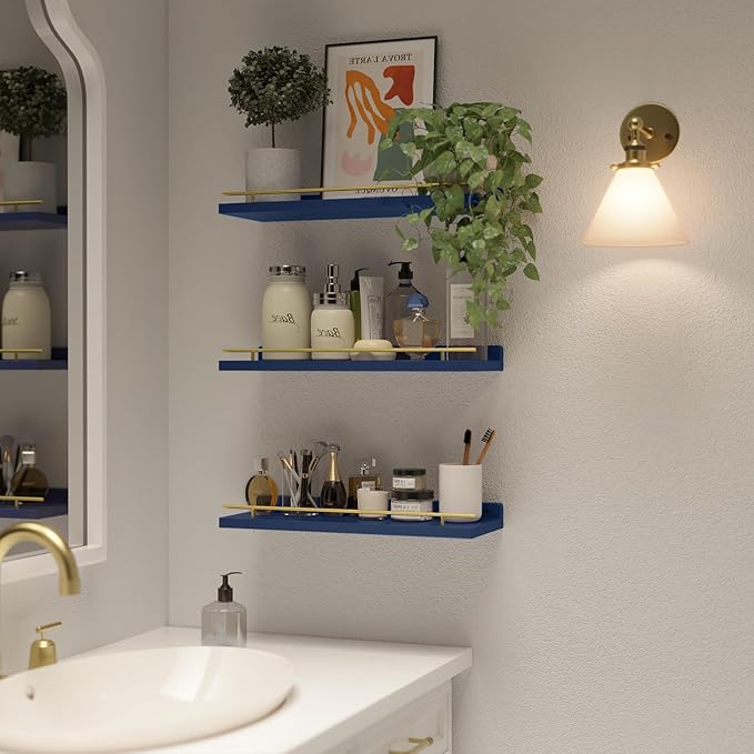 WOPITUES Floating Shelves with Gold Metal Guardrail, Shelves for Wall Decor Set of 3, Wall Shelves for Bedroom, Bathroom, Kitchen, Living Room, Plants, Picture Frames, Art- Gold in Navy Blue