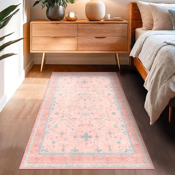 Nursery Area Rug 4x6 - Pink Rugs for Girls Bedroom, Living Room - Washable Low Pile Non-Slip Charming Boho Vintage Traditional Oushak Design, Perfect for Kids Rooms