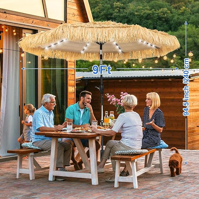 9 FT Solar Thatch Tiki Umbrella, Hawaiian Style Straw Umbrellas, UPF 50+ Patio Umbrella,Outdoor Umbrella with 32 LED Lights for Beach, Pool,Garden