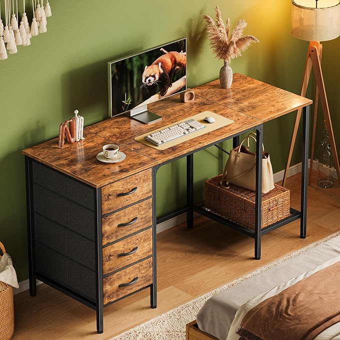 Huuger 55 Inch Computer Desk with 4 Drawers, Office Desk with Mesh Shelf, Gaming Desk, Large Storage, Writing Desk Work Desk for Home Office, Study, Bedroom, Work from Home, Rustic Brown