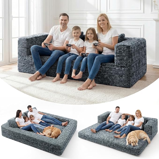 HABUTWAY Convertible Sofa Bed,3-in-1 Folding Futon Sofa Bed with Pillow, Foldable Sleeper Sofa Bed with Removable Cover,Plush Boneless Floor Chair Couch Lounge for Living Room,(Queen,Dark Grey)