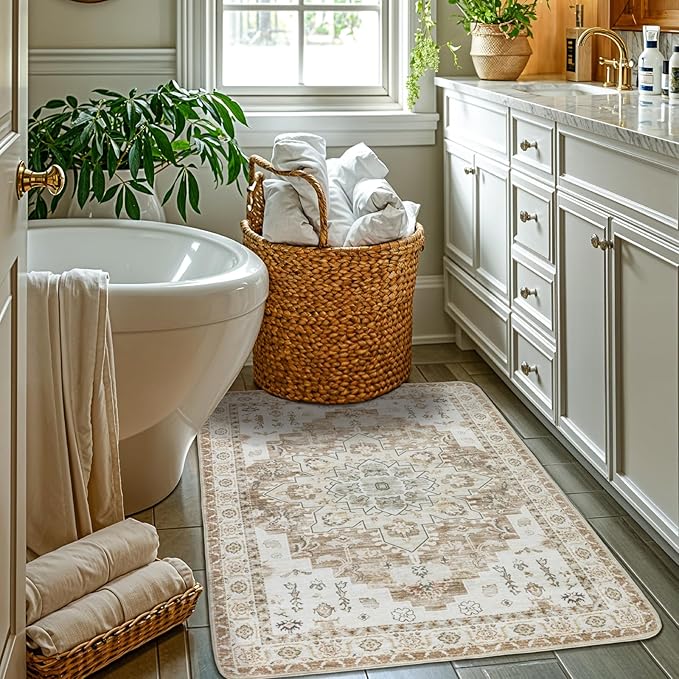 LBRO2M Boho Rug for Entryway Indoor Washable Rugs 3X5 Front Door Carpet Non Slip Throw Rugs, Small Rug for Bathroom Kitchen Rugs Pet Friendly Area Rugs Low Piles (3'X5' Cream)