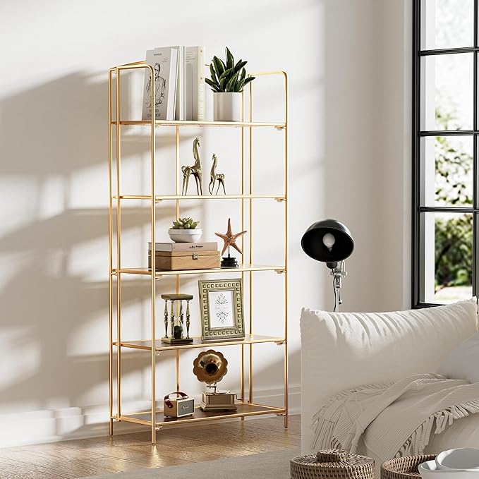 Crofy No Assembly Folding Bookshelf for Living Room, 5 Tier Gold Collapsible Book Shelf for Home Office, Portable Bookcase Storage Organizer