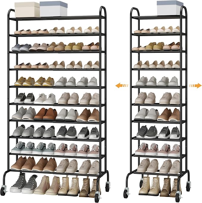 STO STO Expandable Shoe Rack, 10-Tier Metal Tall Shoe Rack for Garage, Up to 44 Pairs Adjustable Shoe Rack Storage for Front Door Entrance, Free Standing Shoe Rack Organizer for Entryway, Black