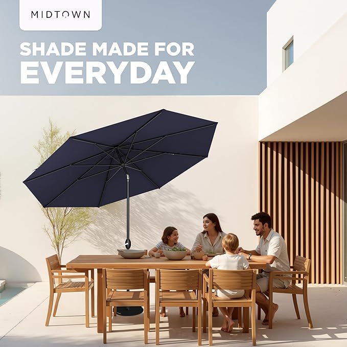 Midtown Umbrellas - 10-Year-No-Fade 6 Ft Patio Umbrella with Terylast Fabric, Auto-Tilt Aluminum Frame and 8 Reinforced Ribs for Deck, Pool, Garden & Beach - Navy Blue Canopy, Black Pole