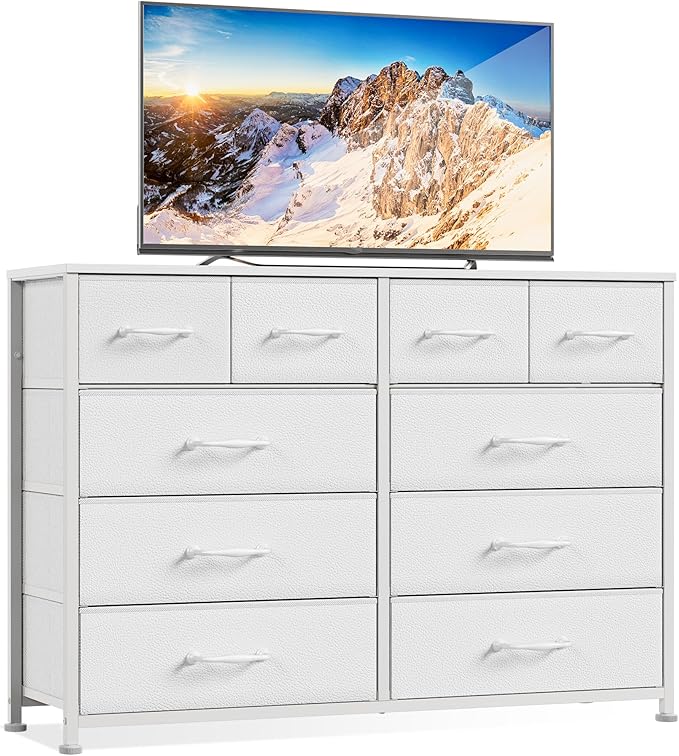 Furnulem Bedroom Dresser White for 55”Long TV Stand Entertainment Center Dressers & Chests of Drawers,10 Storage Fabric Drawer, Sturdy Metal Frame Tall Storage Cabinet for Living Room, Entryway