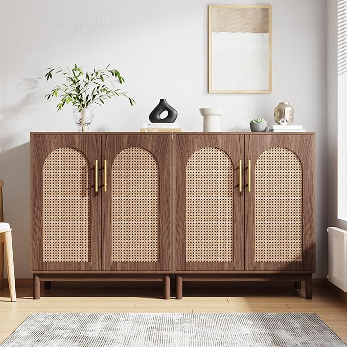 Tribesigns Set of 2 Rattan Sideboard Buffet Cabinet with Storage, 59 Inch Accent Cabinet for Dining Room, Living Room, Kitchen, Rattan and Dark Brown