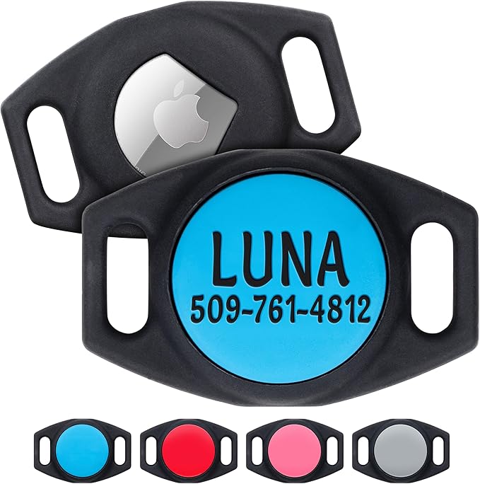 GoTags Personalized AirTag Dog Collar Holder, Engraved Tracker Case for Pet Collar, Custom Text with Phone Number, Slide On Tag for GPS Nameplate, Track Dogs with Apple iPhone, 4 Colors (Small)