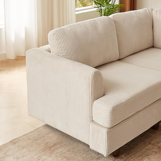 127.5" L/U-Shaped Sectional Couch with Movable Ottoman & 6 Removable Back Cushion, Corduroy Fabric Upholstered 6 Seat Modular Sleeper Sofa,DIY Free Combination Couches for Living Room,Beige