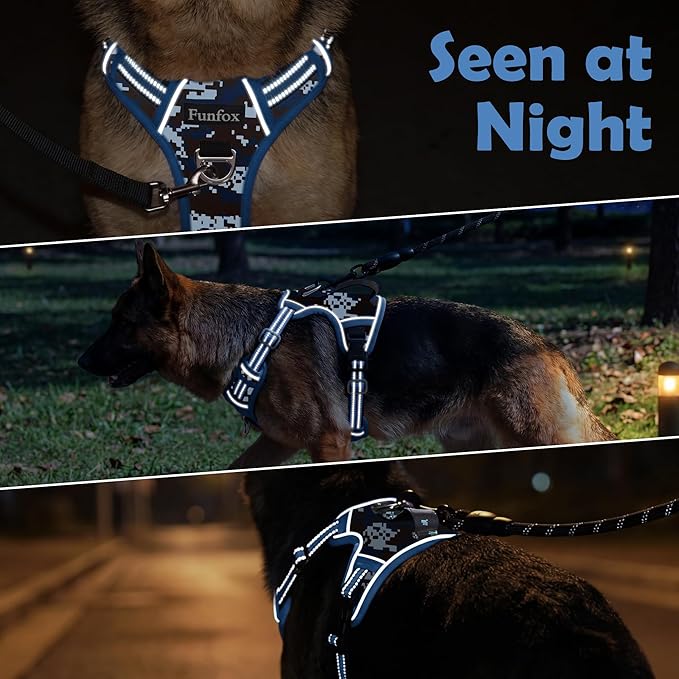 Funfox Dog Harness No Pull, Adjustable Pet Vest Harness, Super Soft Material with Vertical Handle Easy Control, Reflective Night Walking, 2 Leash Clips for Large Dogs, Mosaic Blue, L
