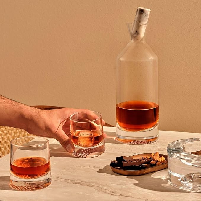 NUDE Whiskey Glasses Set of 2 SOF – 8.75 oz Lead-Free Crystal Old Fashioned Rocks Glasses for Whisky, Scotch & Bourbon – Alba by Joe Doucet, Hand-Engraved Tartan, Heavy Base, Hand Wash Recommended