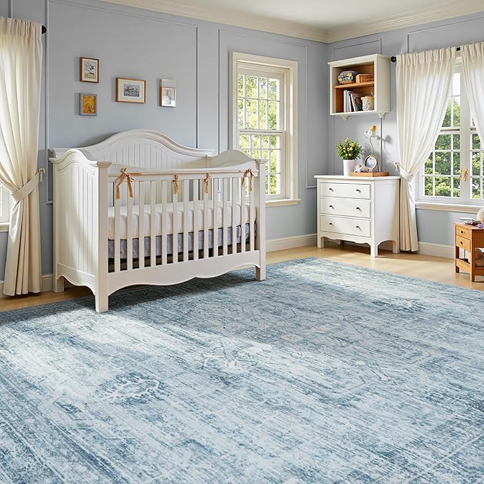 9x12 Area Rug for Living Room Bedroom Dining Room, Large Washable Soft Faux Wool Carpets, Neutral Retro Aesthetic Non-Skid Stain Resistant Blue Rugs for Kids Room