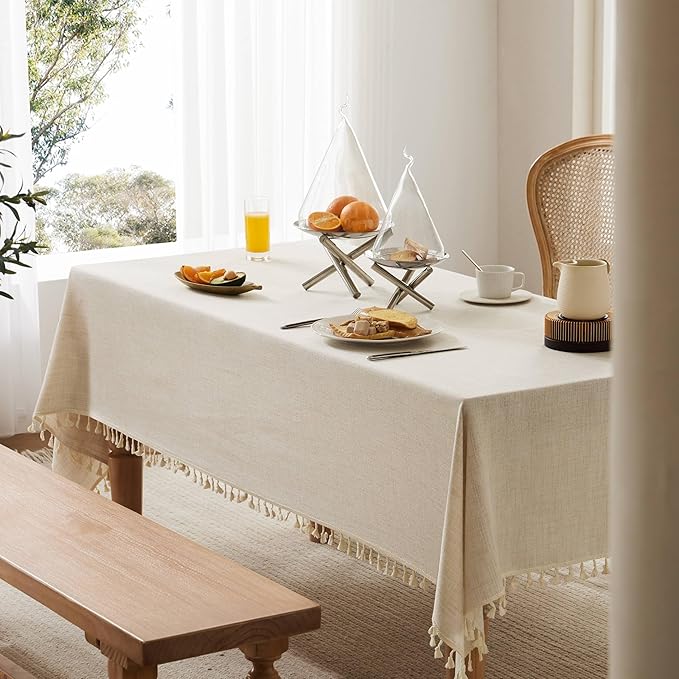 Linen Tablecloth with Tassels, Farmhouse Style Light Beige Tablecloth, Water Resistant Burlap Tablecloths for Rectangle Table, 60x120 Inch Light Tan
